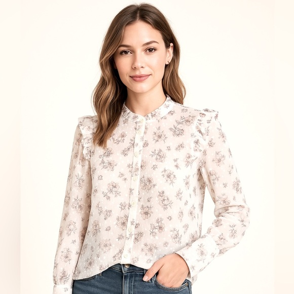 Express Portofino Shirt. Size Medium - Off White Sheer Button Floral Slim Fit - Picture 1 of 8